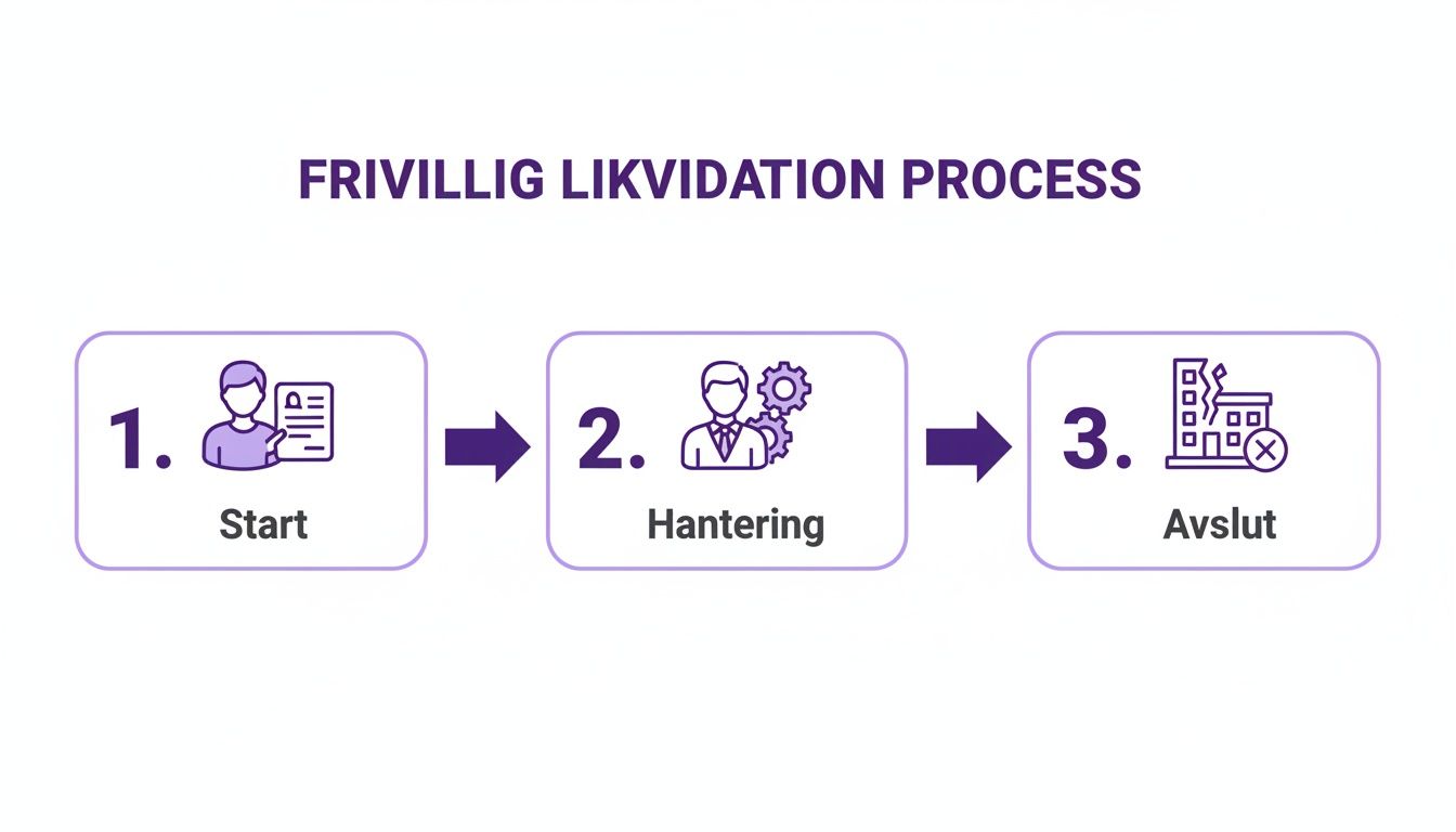 Illustration som visar den frivilliga likvidationsprocessen i tre steg: start, hantering och avslut.