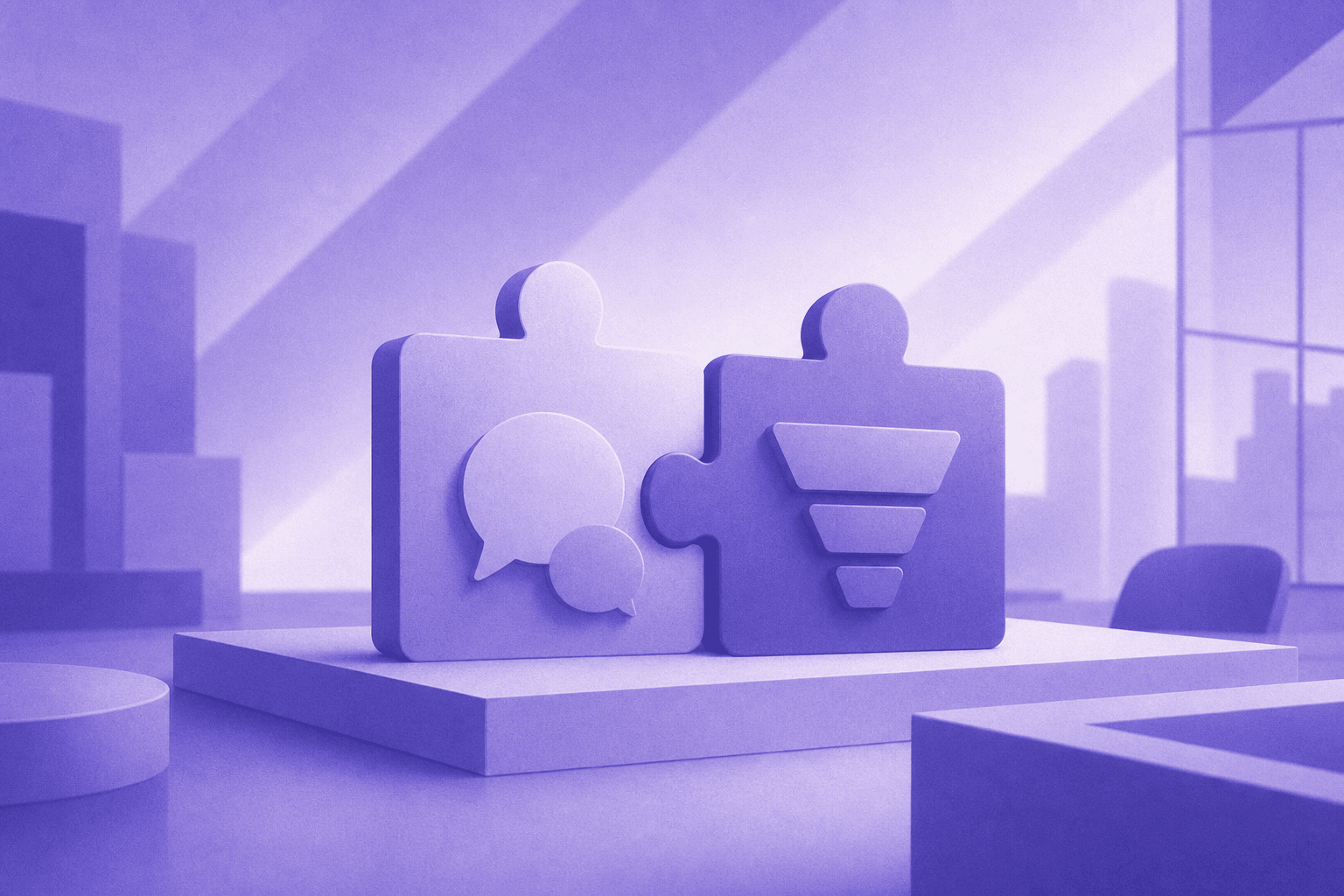 A corporate merger and acquisition concept illustration showing two large abstract puzzle pieces coming together, one representing a conversational chat platform with speech bubble motifs and the other representing a sales engagement platform with pipeline and funnel shapes, set against a clean modern office background with muted blue and navy tones, professional business atmosphere, no people visible