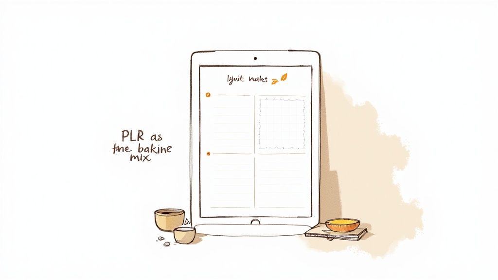 A tablet displays a notes app, surrounded by baking ingredients and text about PLR.