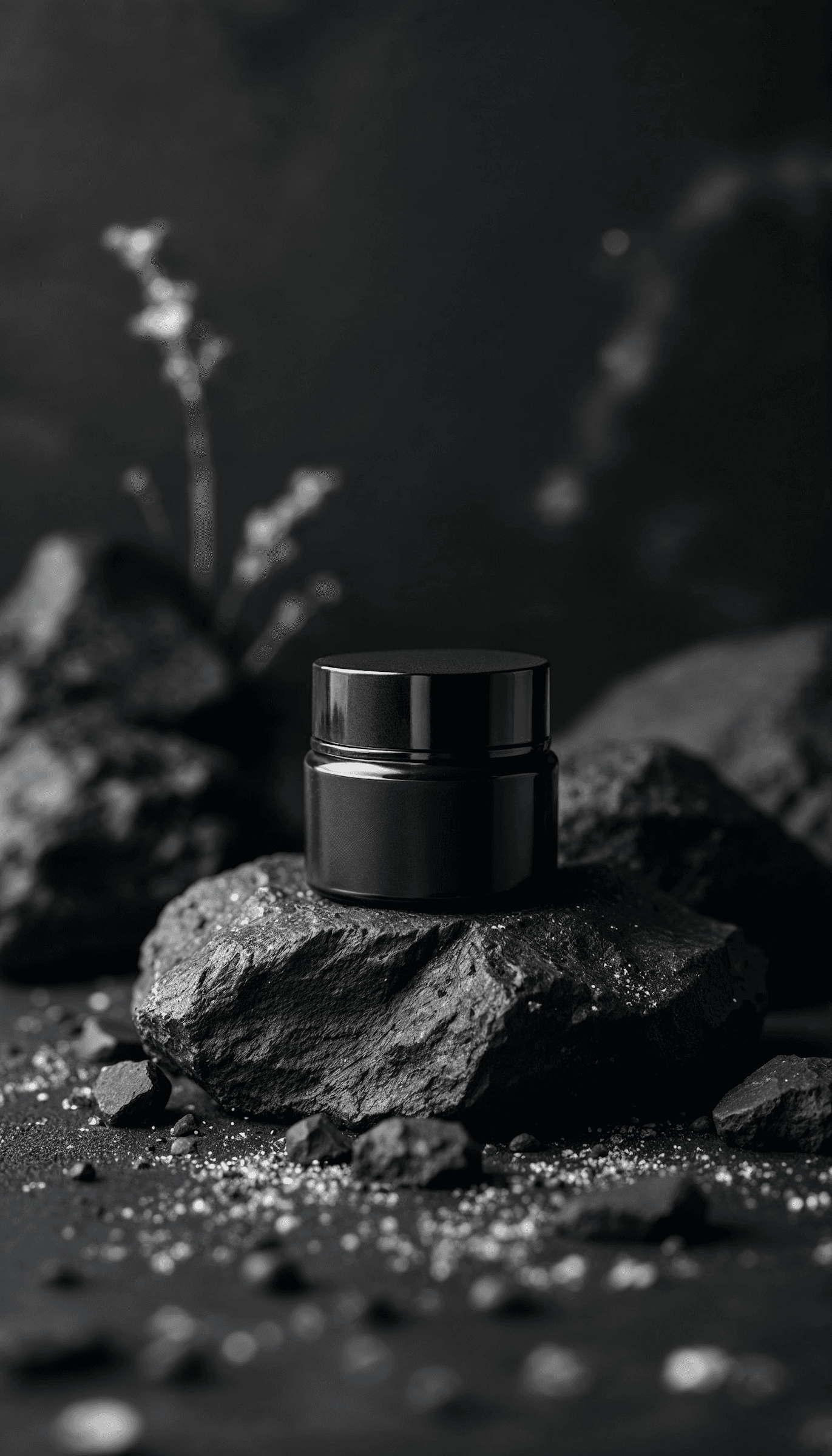 Black cosmetic jar on dark stone surface