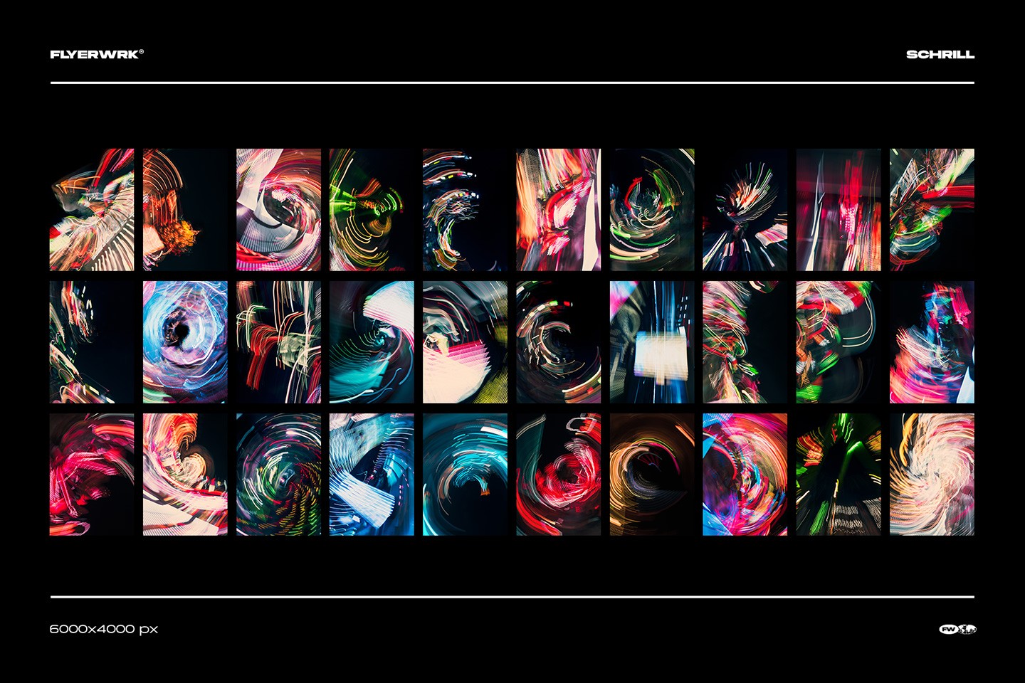Grid overview of 32 unique Schrill light streak textures showing a variety of colorful abstract light trails and motion effects.