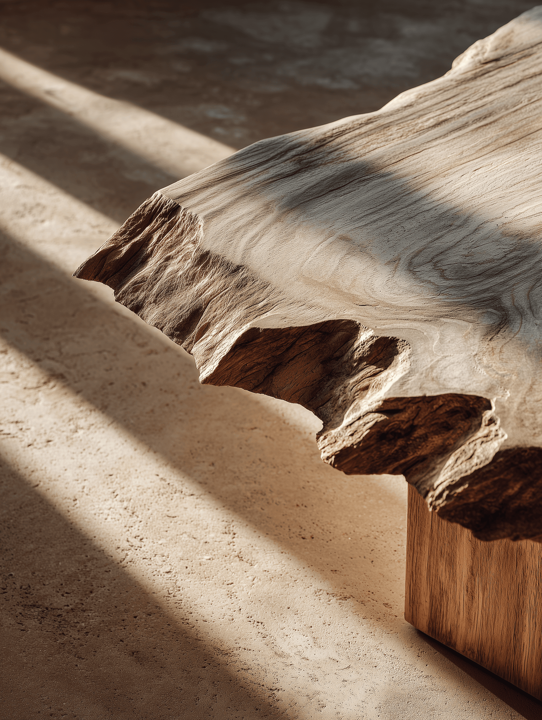 Natural oak surface with organic edges — beauty shaped by time, not tools.