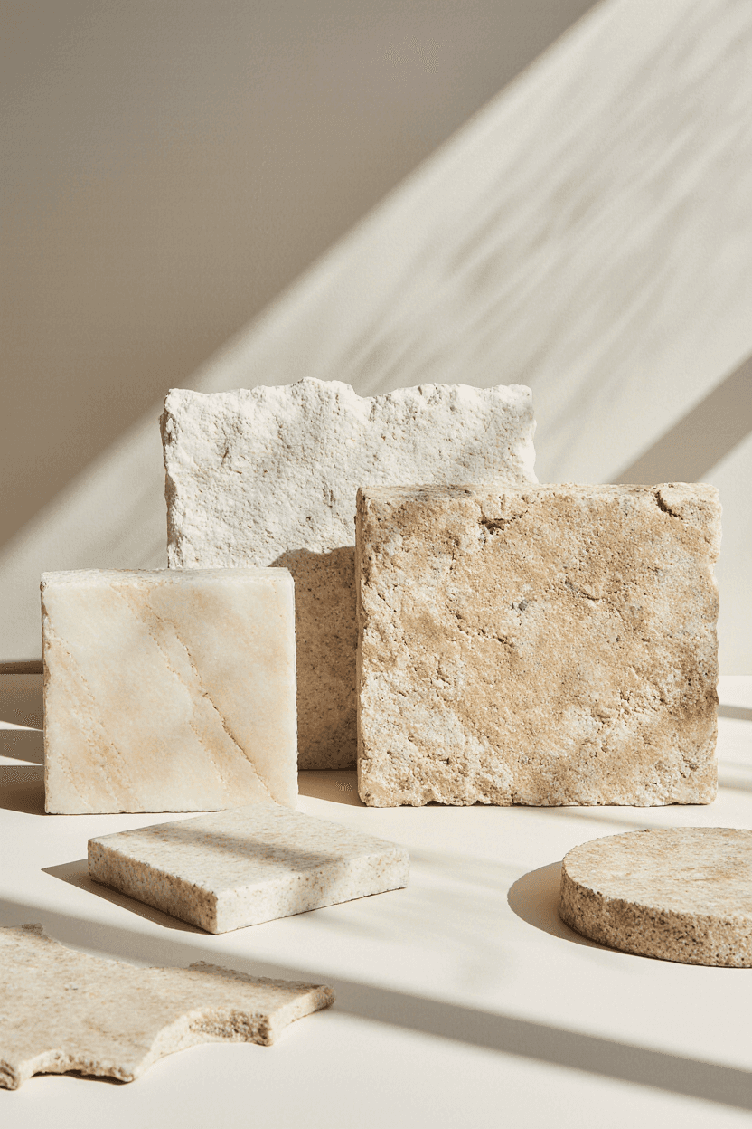 Neutral stone tile samples arranged in soft natural light for interior material selection.