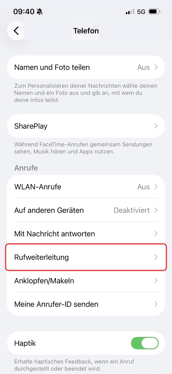 Einstellungen → Telefon → Rufweiterleitung