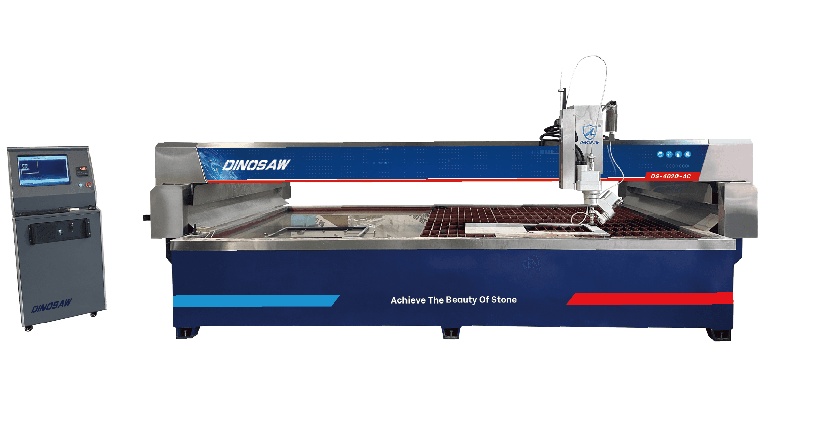 Dinosaw 5 Axis CNC Water Jet Stone Cutting Machine, designed for versatile planar curve cutting, features a robust build, precision control panel, and advanced lubrication systems for high-efficiency operations.