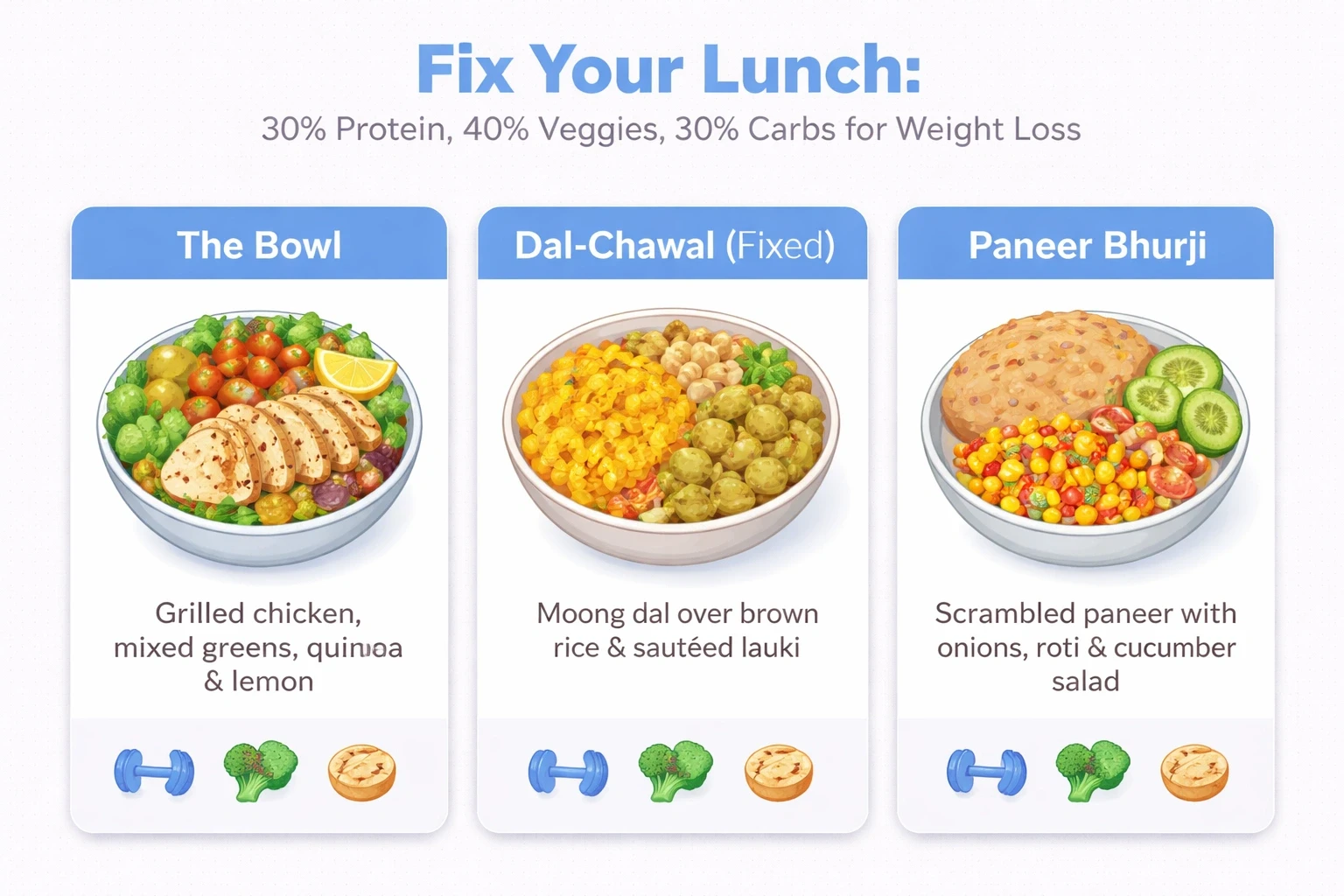 Modern card layout infographic presenting three lunch recipes with clean design and accent colors