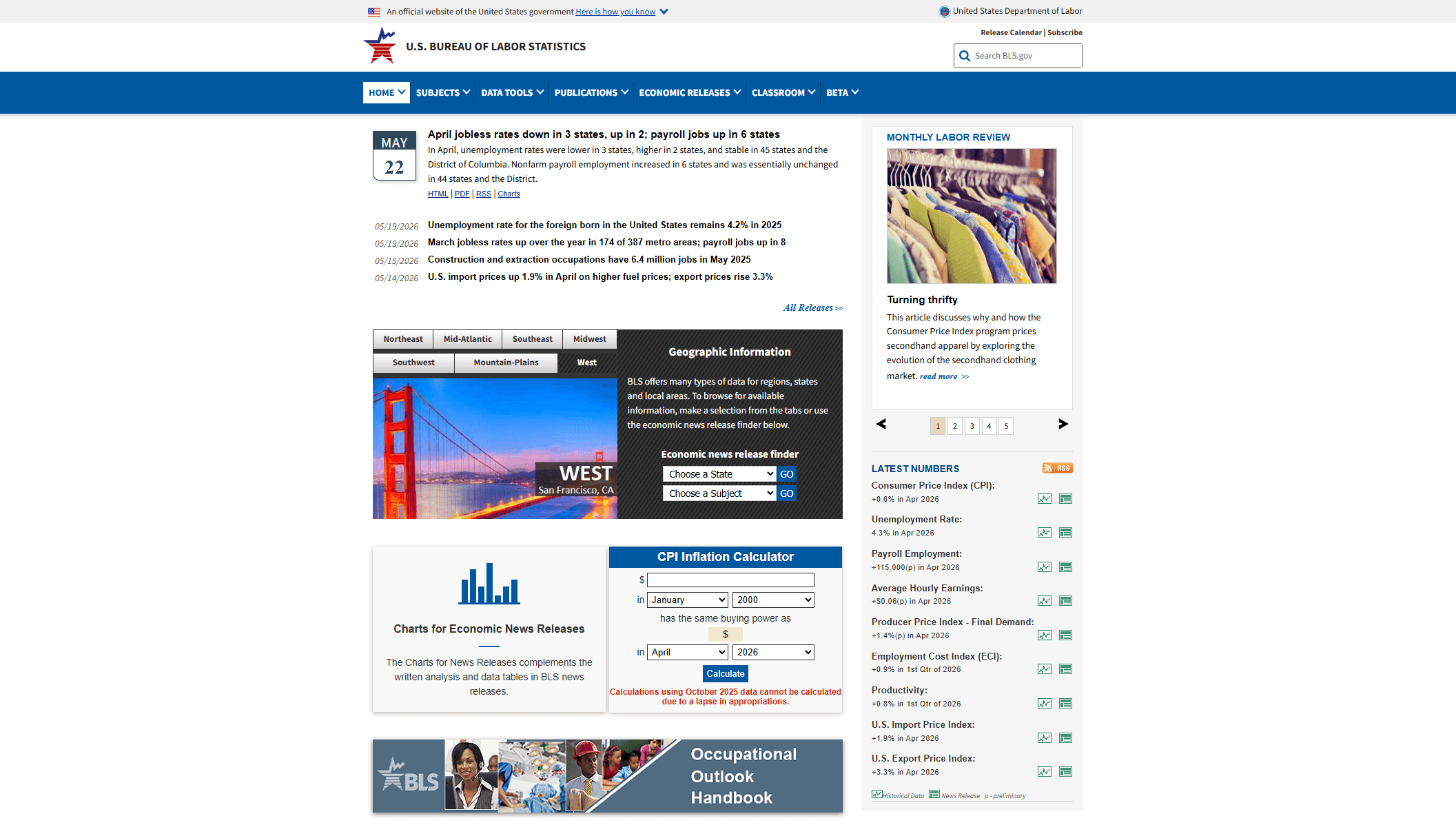 Bureau of Labor Statistics Homepage