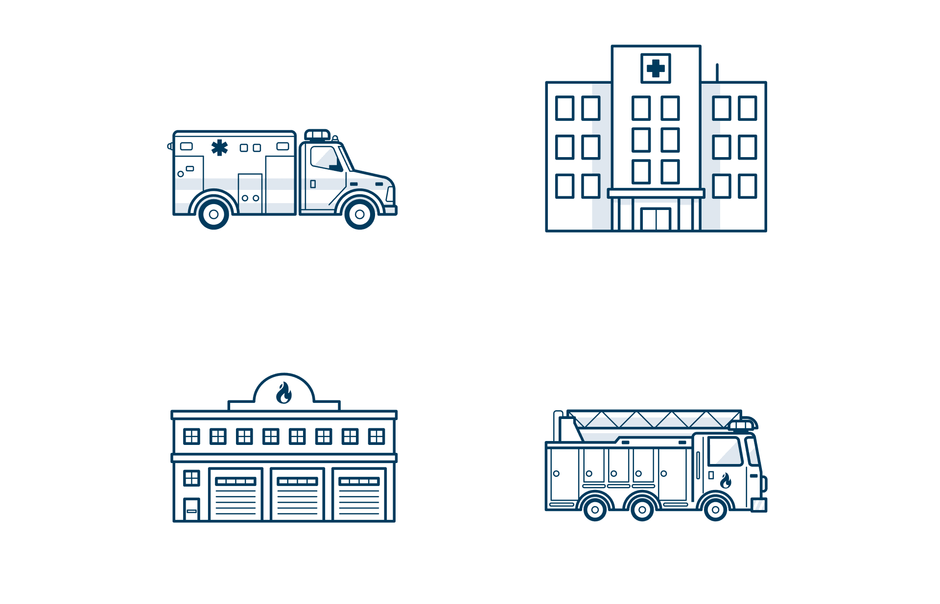 4 pictograms arranged 2 by 2. They depict an ambulance, a hospital, a fire station, and a fire truck 