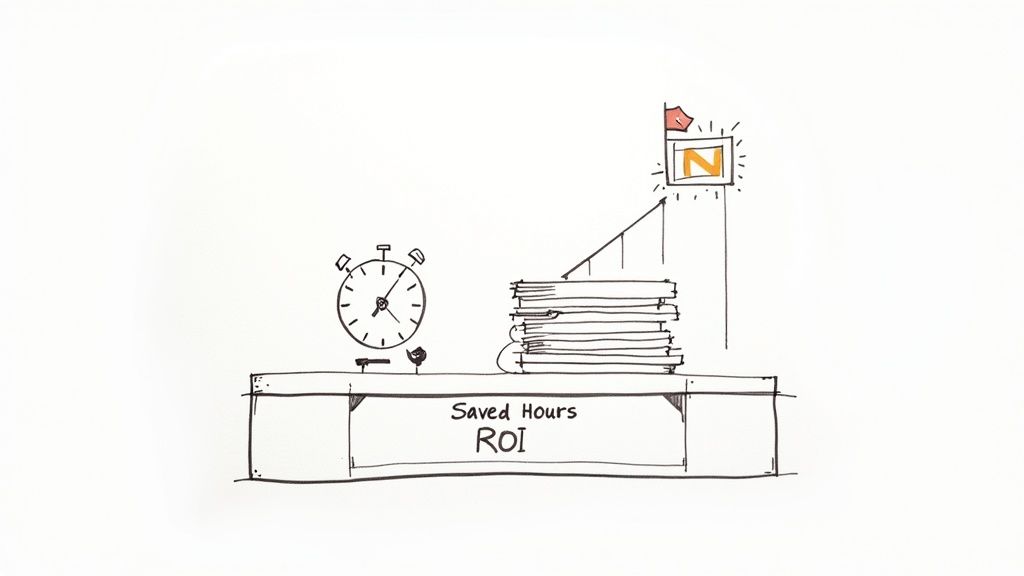 Sketch illustrating productivity and ROI, showing an alarm clock, document stack, and 'Saved Hours' leading to a goal.