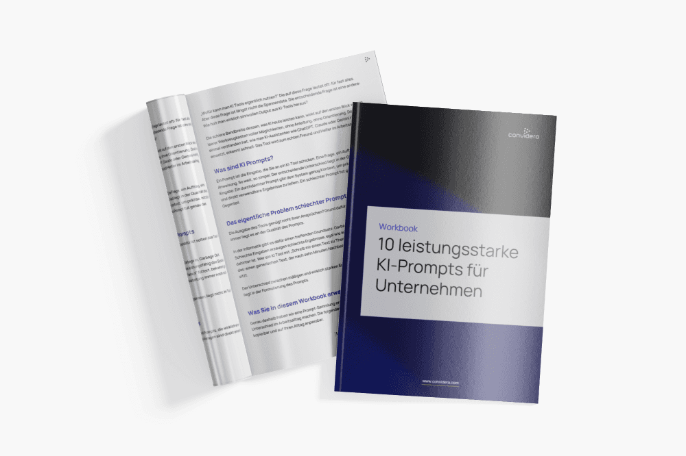 Whitepaper mit dem Titel '10 leistungsstarke KI-Prompts für Unternehmen' und einem offenen Heft.