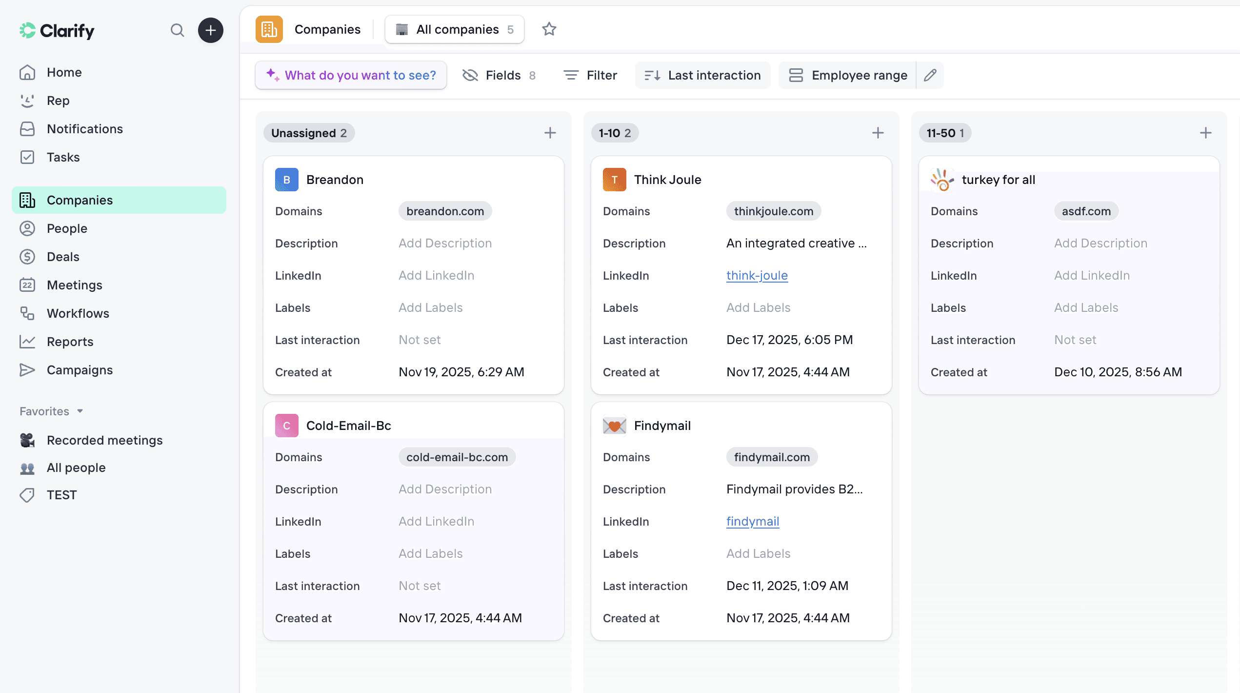 Clarify AI CRM Review interface