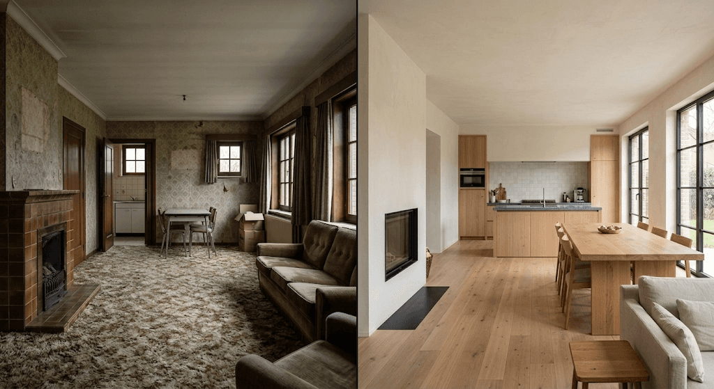 Avant après rénovation d'un salon dans une maison à Tervuren