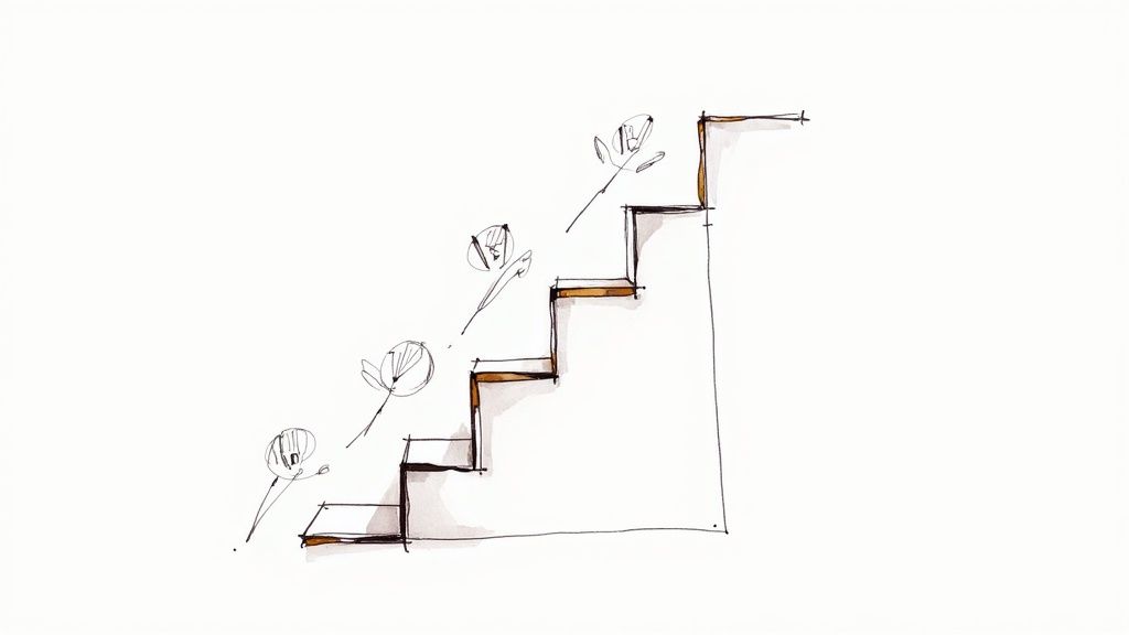 A minimalist sketch shows flower-like figures ascending a staircase, symbolizing creative growth or progress.
