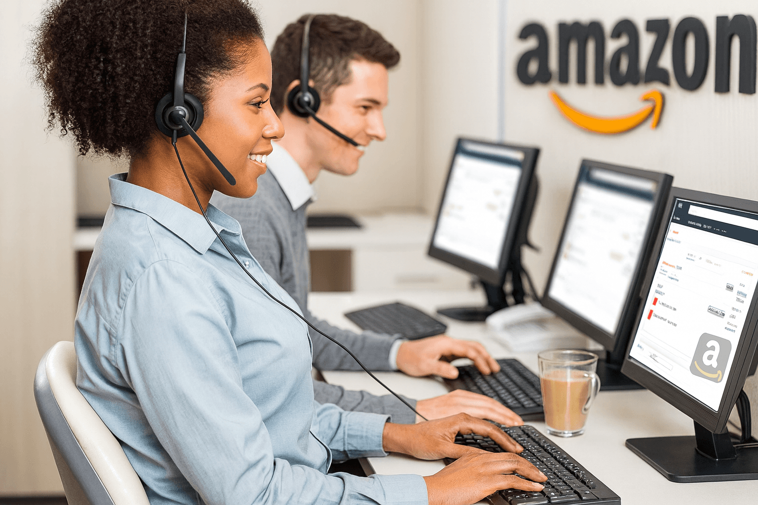 Deux agents du support Amazon portant des casques, travaillant sur des ordinateurs avec des écrans affichant des informations Amazon, illustrant l'expérience client et le professionnalisme dans le service.