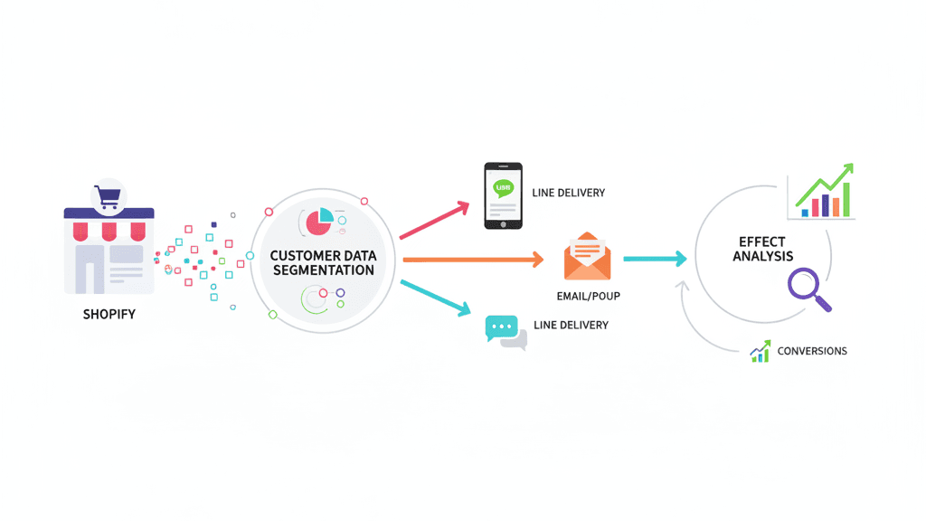 Shopifyの購買データをもとにLINE、メール、ポップアップへ配信するCRMフロー図