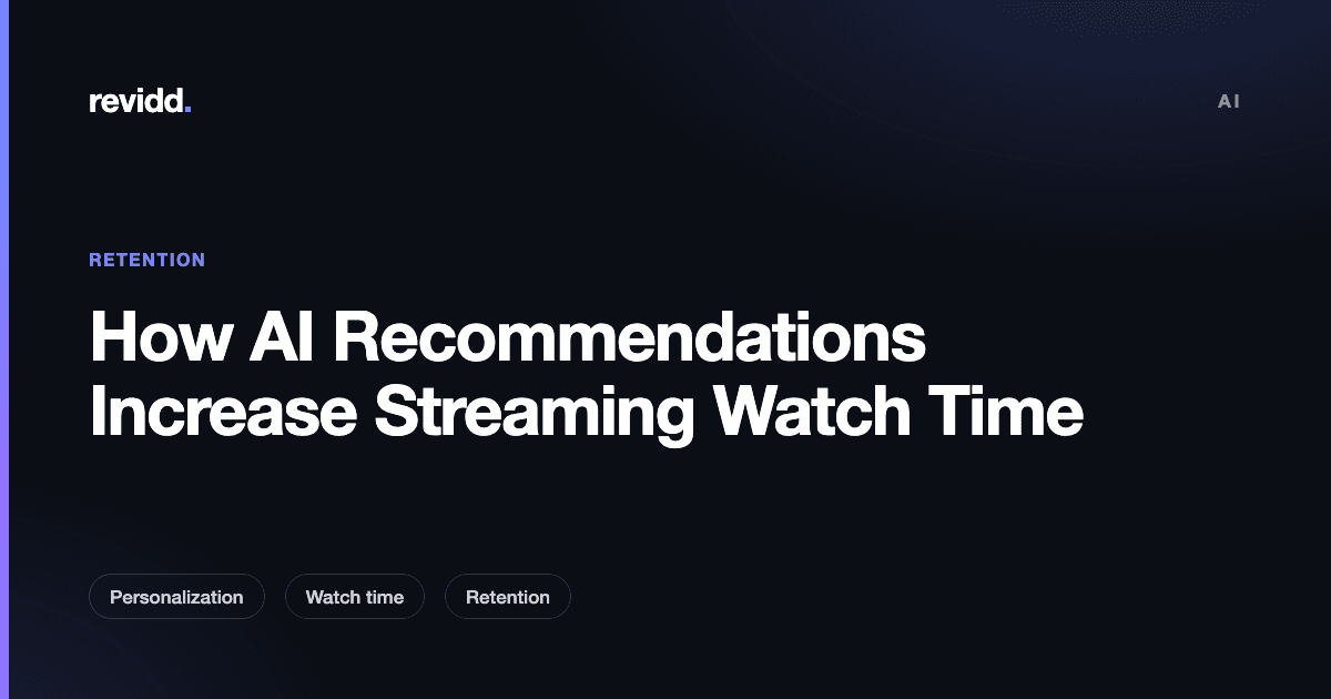Diagram of an AI recommendation engine ranking streaming content rows on a broadcaster's app to increase watch time