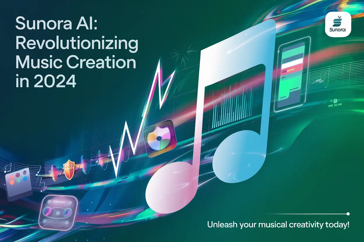 Futuristic image showcasing Sunora AI's music creation capabilities with musical notes, waveforms, and app interfaces floating in a vibrant digital space.