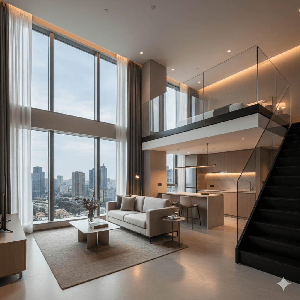 Stylish interior of a fully furnished serviced loft at M3M Line Noida