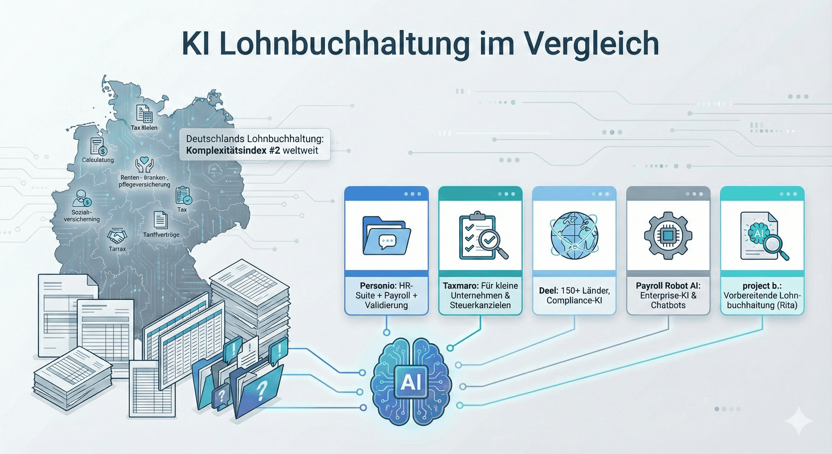 Infografik mit der Überschrift „KI Lohnbuchhaltung im Vergleich“. Die linke Seite zeigt eine Deutschlandkarte, Symbole für Steuern und Sozialversicherung sowie hohe Stapel von Papierdokumenten, um die Schwierigkeit zu verdeutlichen. Ein Textfeld lautet: „Deutschlands Lohnbuchhaltung: Komplexitätsindex #2 weltweit“. In der Mitte ist ein leuchtendes blaues Gehirn mit der Aufschrift „AI“ (Künstliche Intelligenz) zu sehen. Von diesem KI-Symbol führen Linien zu fünf verschiedenen Software-Kacheln auf der rechten Seite, die jeweils eine Lösung vorstellen: Personio (HR-Suite + Payroll), Taxmaro (für kleine Unternehmen & Steuerkanzleien), Deel (150+ Länder, Compliance-KI), Payroll Robot AI (Enterprise-KI & Chatbots) und project b. (Vorbereitende Lohnbuchhaltung Rita). Der Hintergrund ist ein sauberes, helles Tech-Design mit digitalen Verbindungslinien.