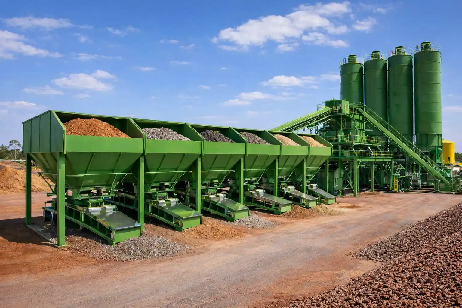Large green cement storage silos at a concrete production facility