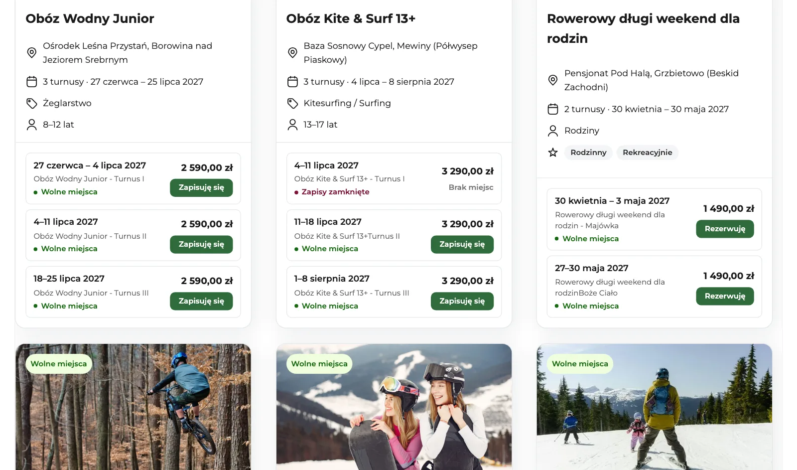 Widget z obozami i turnusami: wolne miejsca, zapisy zamknięte, przycisk zapisu