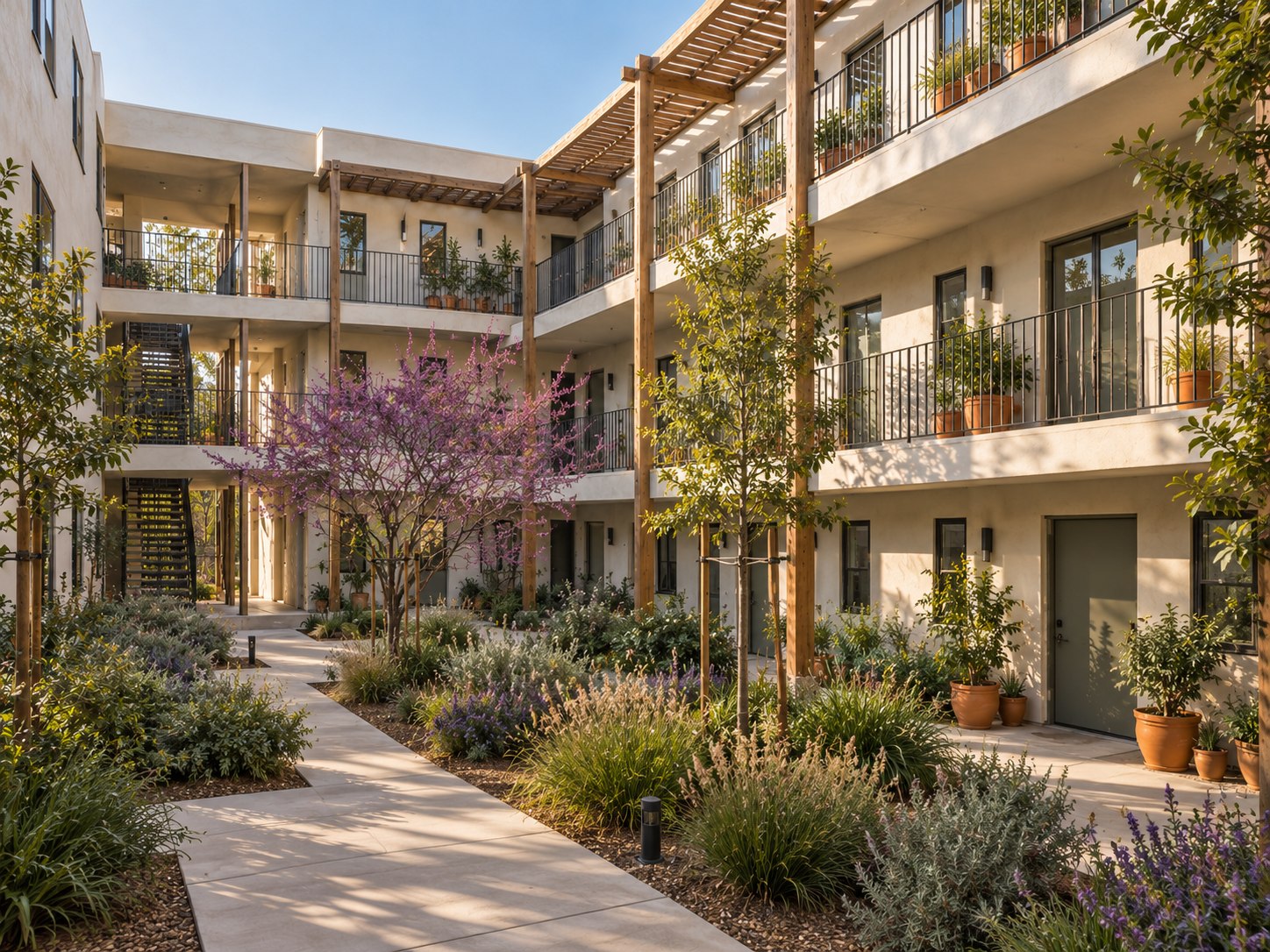 Paved paths and native planting lead to ground-floor homes beneath Bonnie Brae Courts’ open galleries and timber pergolas.