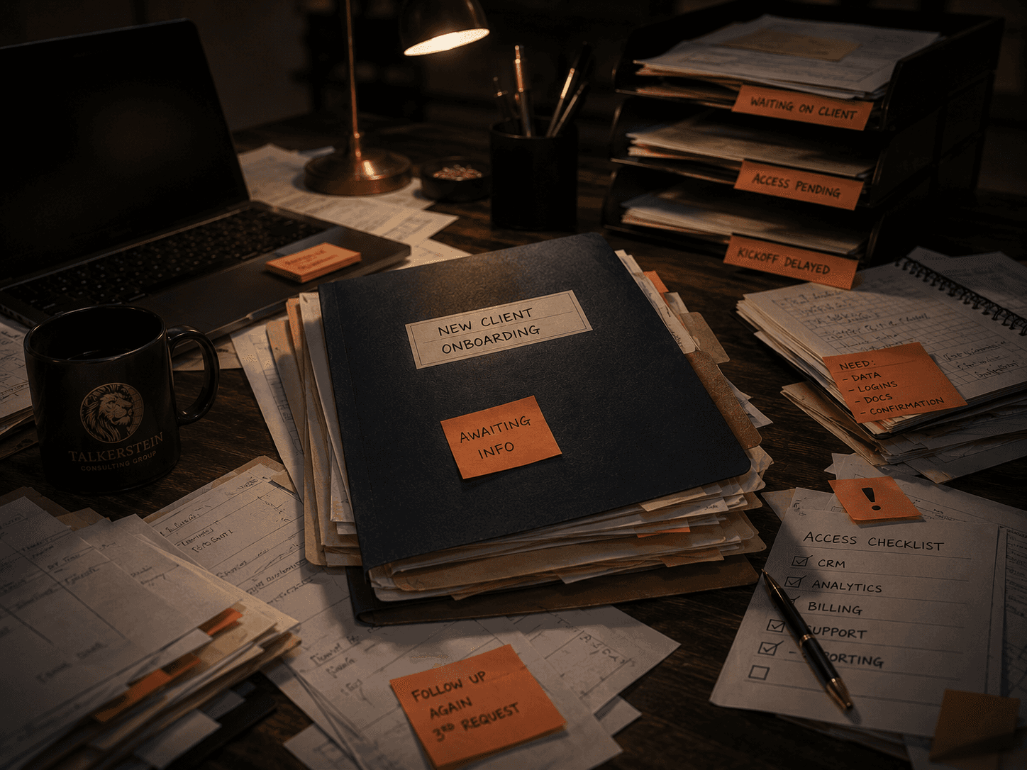 Stalled client onboarding file surrounded by delayed kickoff folders, unfinished access checklists, and pending requests, representing onboarding friction and hidden churn.