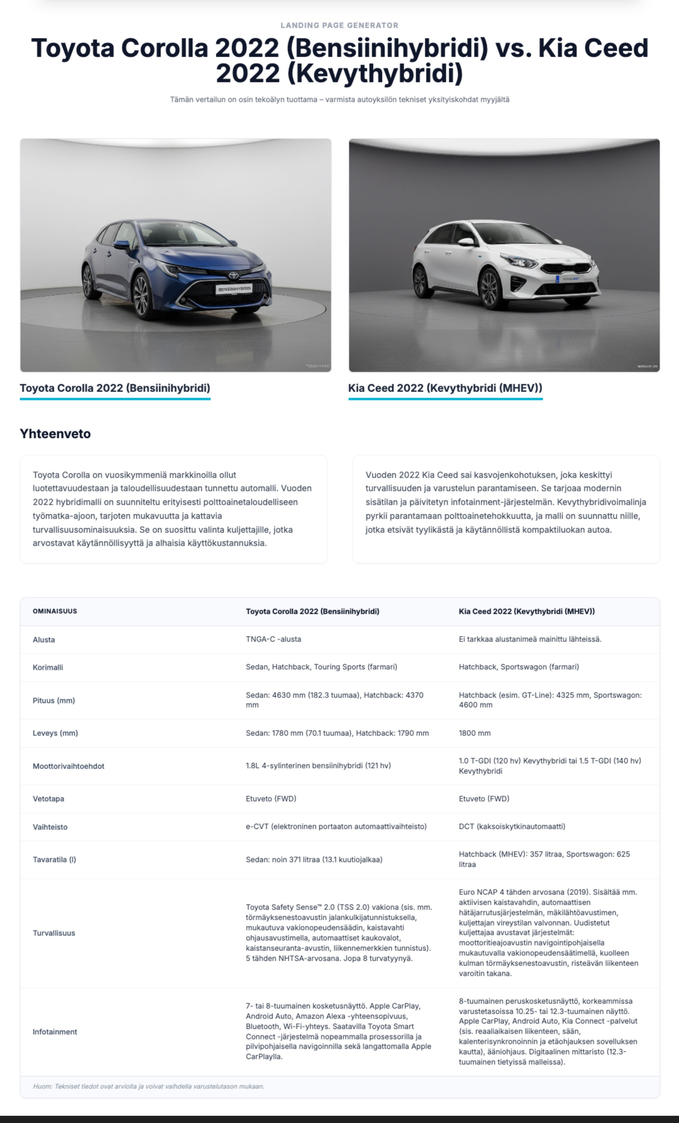 Esimerkki automallien vertailusivusta, joka on generoitu Google Geminillä