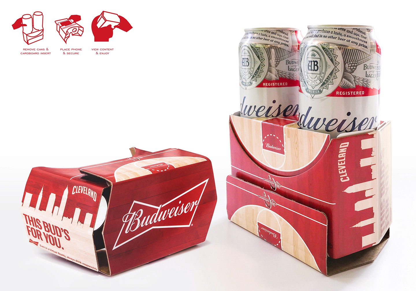 An image displaying both a Budweiser branded VR headset as well as the same VR headset holding two Budweisers 