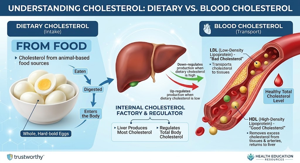 A medical nutrition infographic illustrating the difference between dietary cholesterol from food (eggs) and blood cholesterol, showing how the liver regulates production with LDL and HDL in the bloodstream.