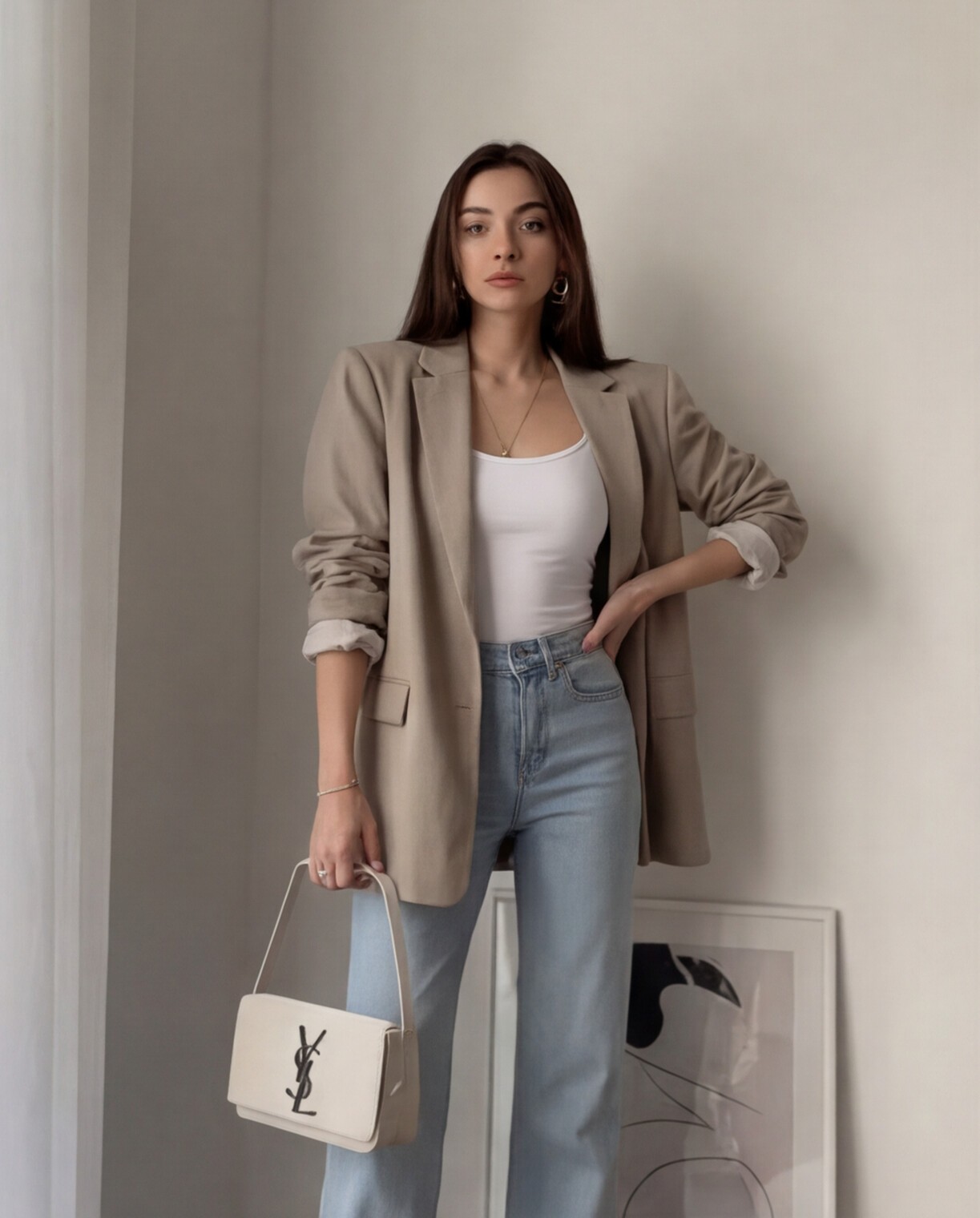 Tan Blazer with Light Wash Jeans and White Loafers