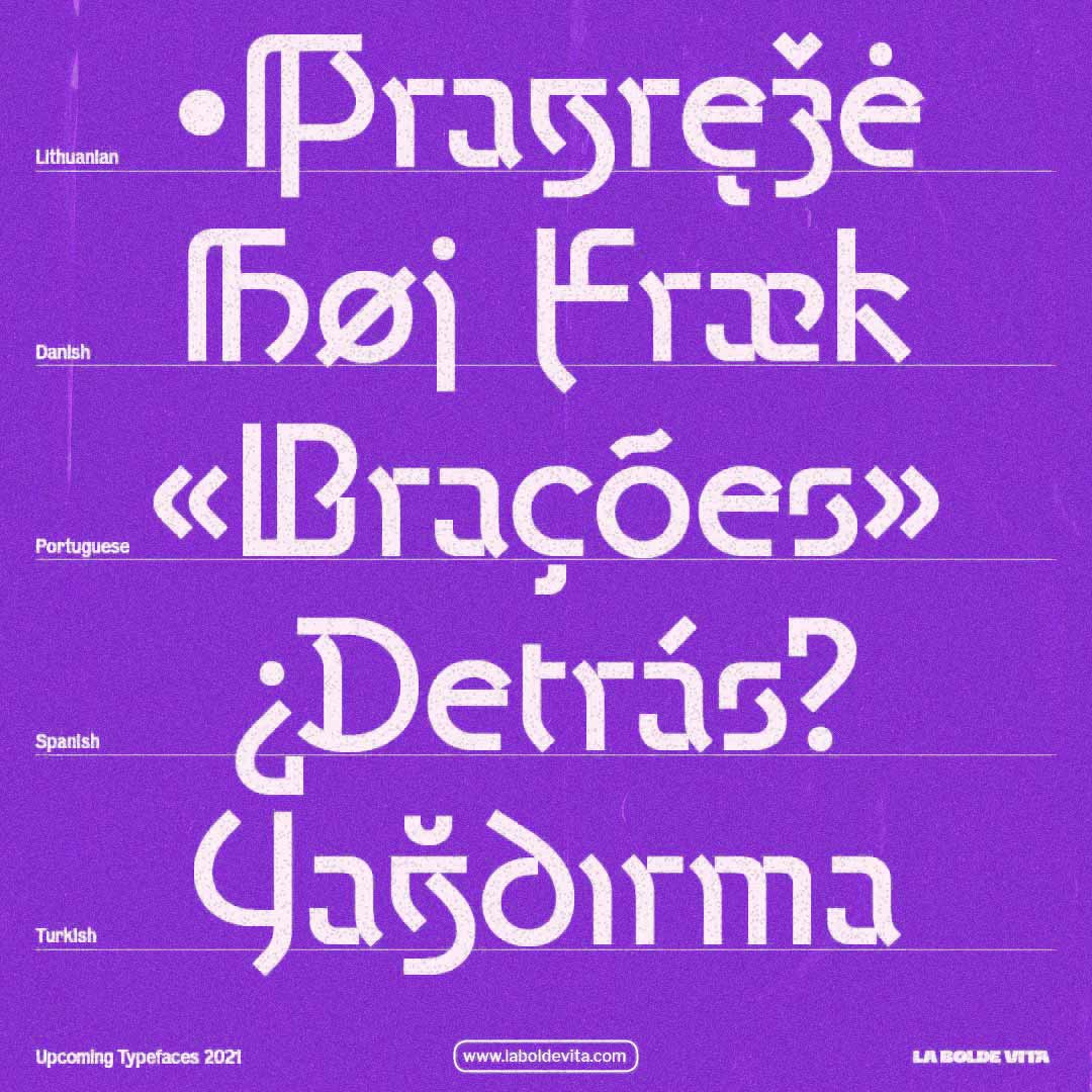 sample words of Grotunda in different languages in white on purple