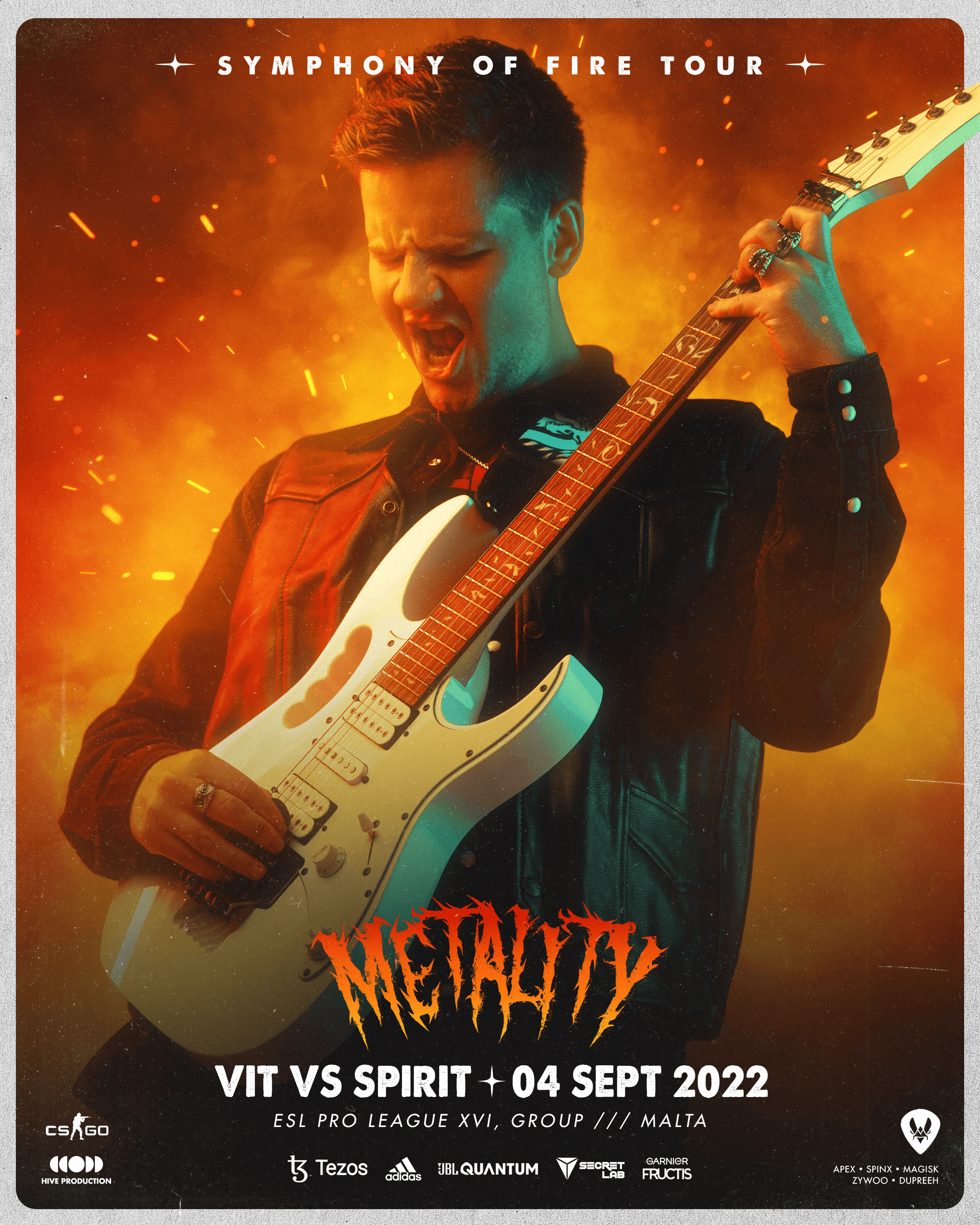 Visuel du projet Metality : Un homme jouant de la guitare électrique sur un fond en feu rouge et orange, dans le style d'une affiche de concert de rock, logo Metality en lettres flammes rouges et oranges, puis en blanc "VIT vs FNC * 2 SEPT 2022", logos des sponsors en blanc en dessous, titre de l'affiche en blanc en haut "Symphony on fire tour".