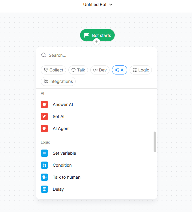 Action blocks panel with AI tab selected, showing Answer AI, Set AI, AI Agent