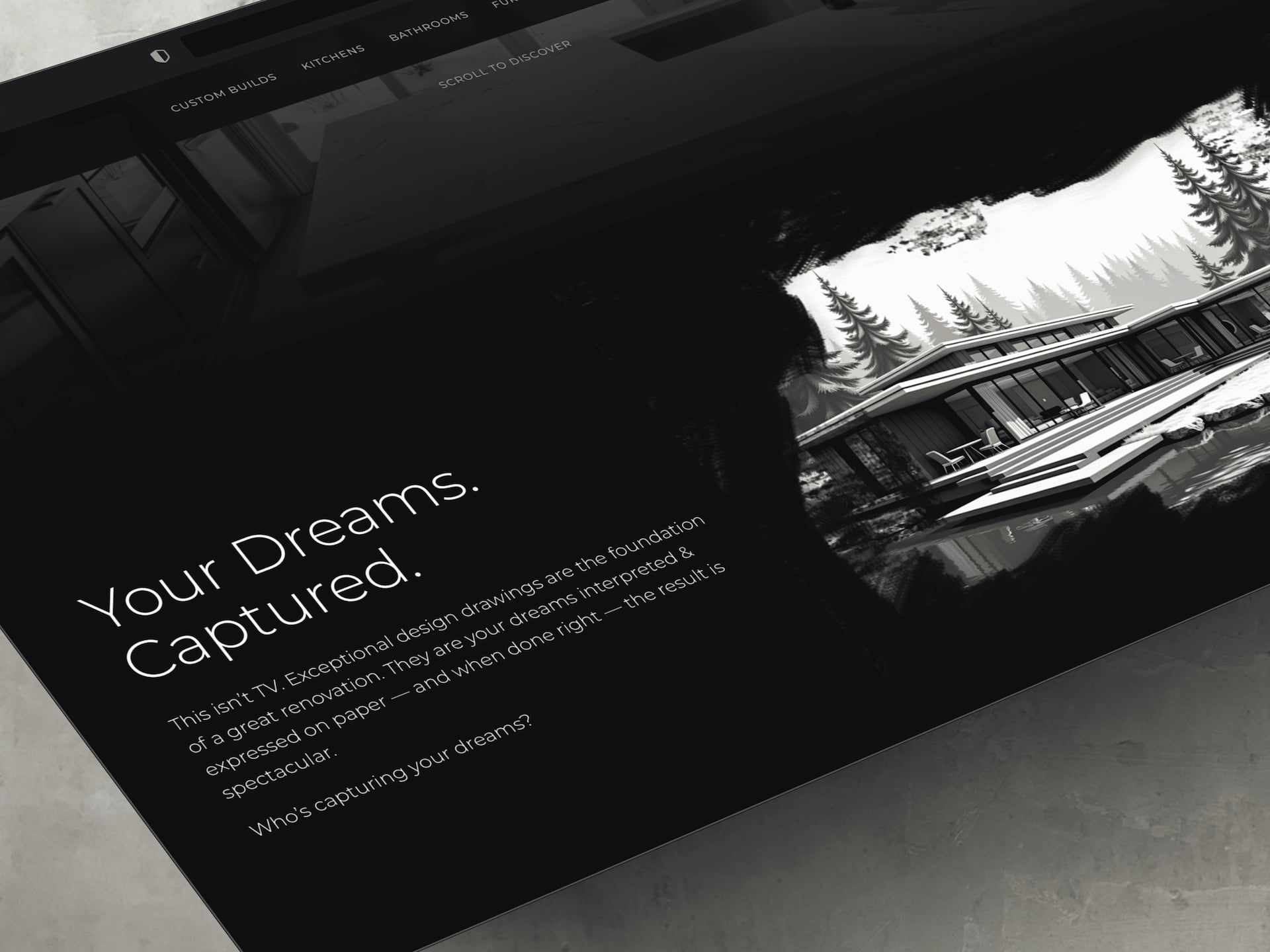 Mark Weston Designs website - Your Dreams Captured section featuring architectural rendering of modern lakefront custom home