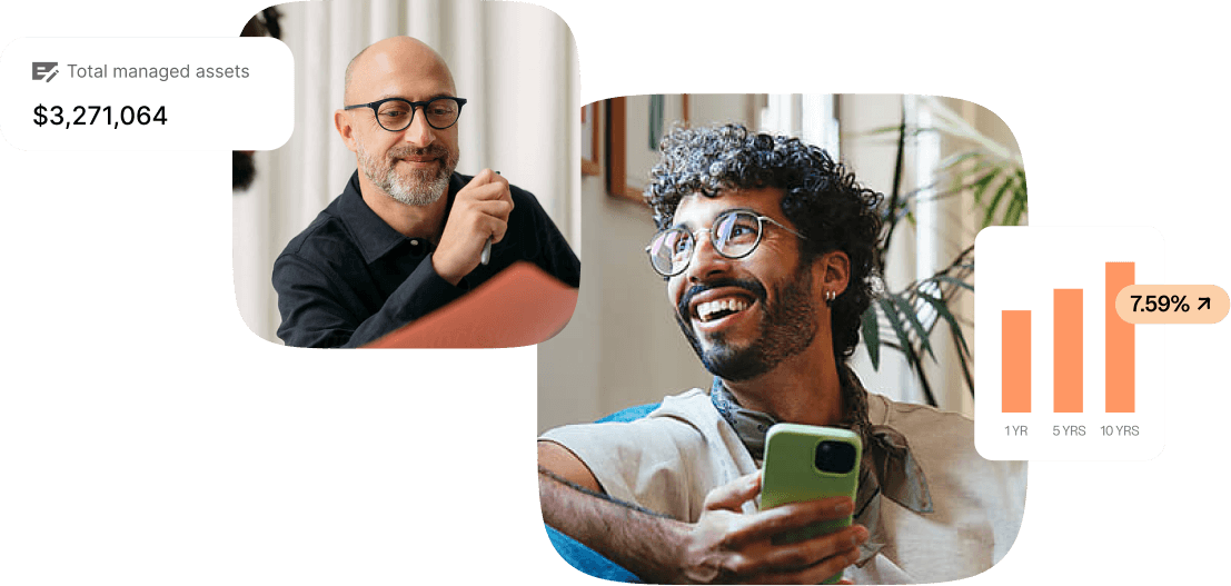 A financial advisor gestures while speaking in one image and a retirement saver holds smartphone in another image, both beside charts showing total managed assets of $3,271,064 and 7.59% performance bar chart.