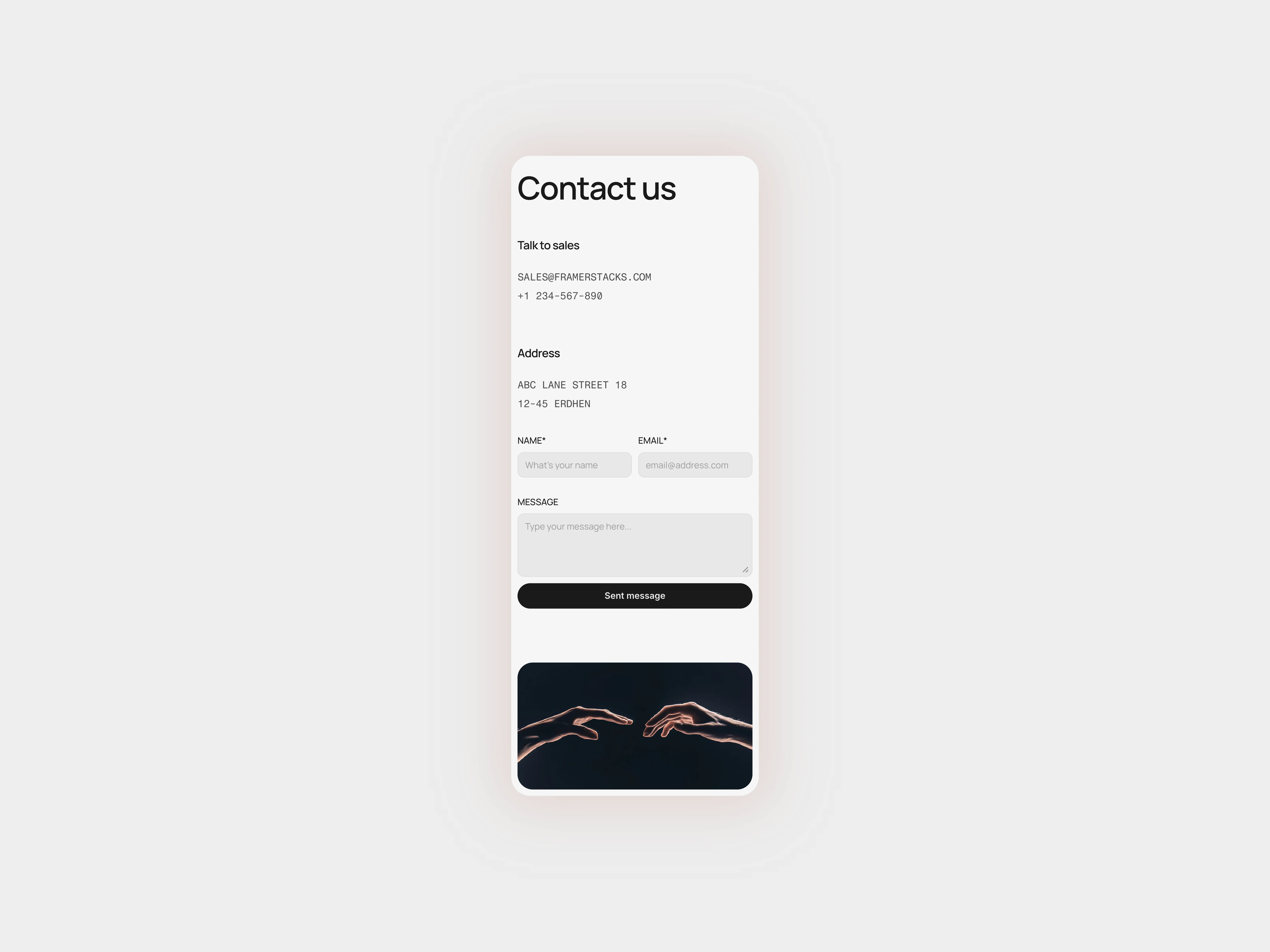 A minimal style light themed contact us page section with various contact us methods. optimized for phone devices.