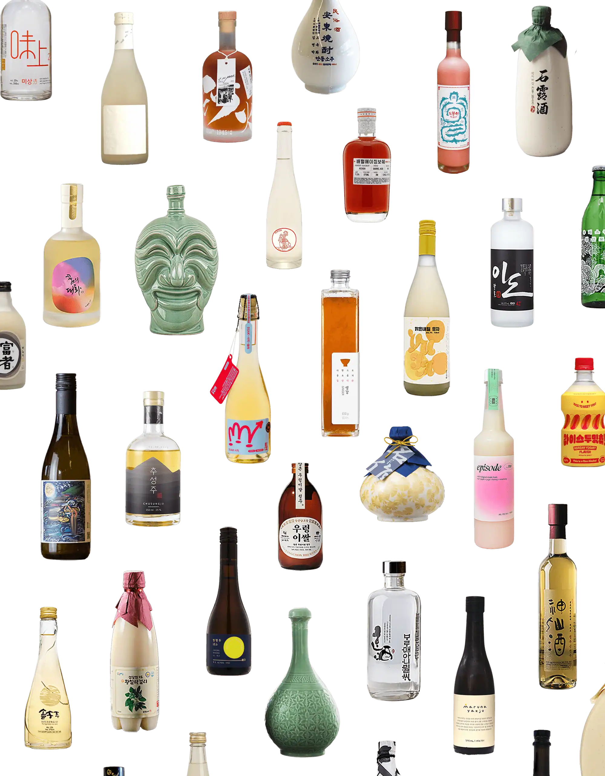 assorted korean liquor bottles arranged in rows with black outlines