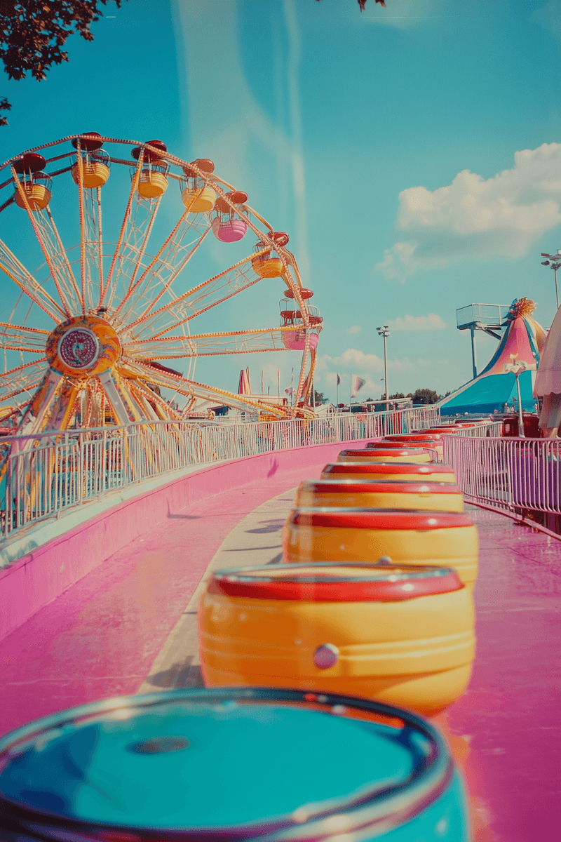 A colorful Ferris wheel and a line of yellow and blue spinning barrels on a bright pink walkway at an amusement park.