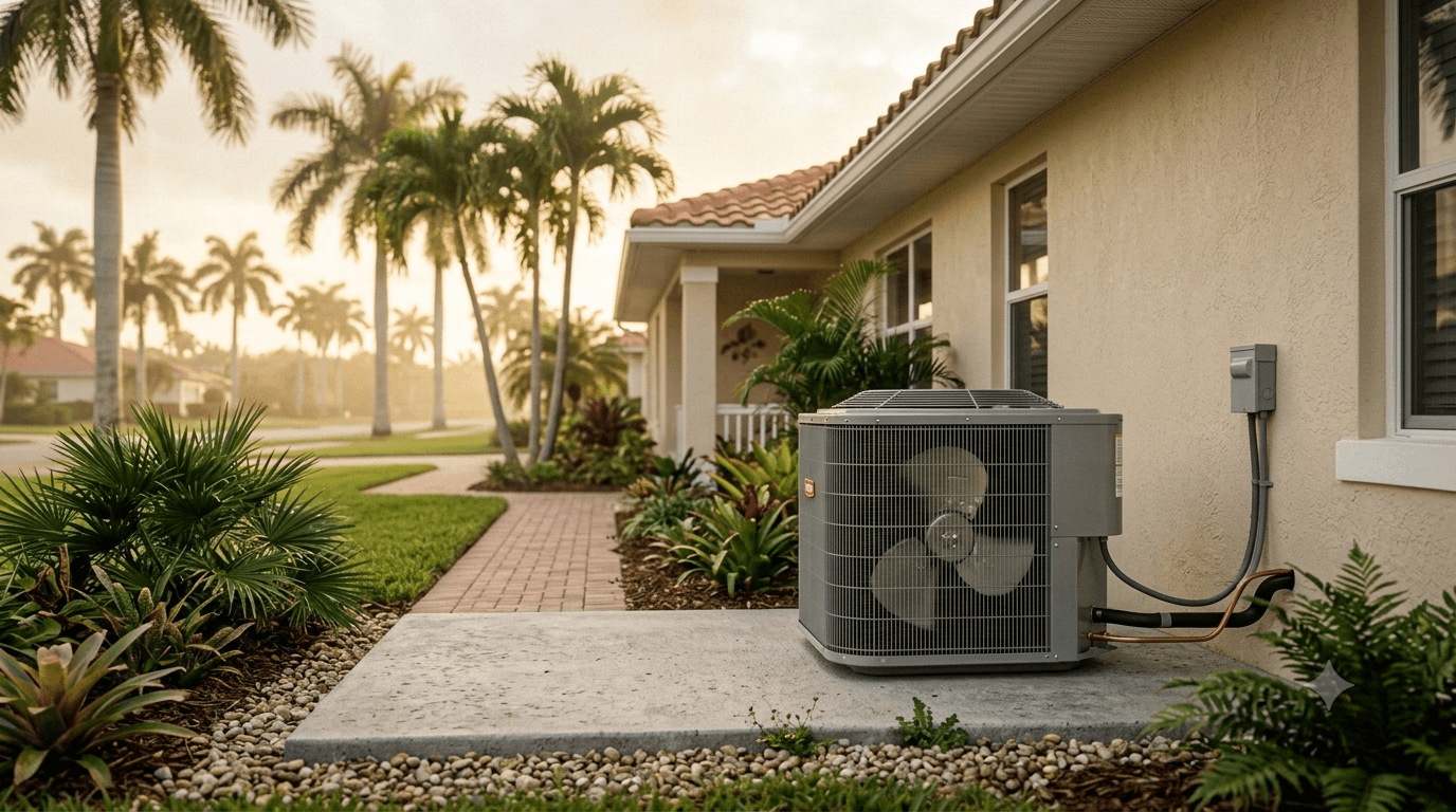 utdoor AC condenser unit beside a Florida home in humid afternoon light