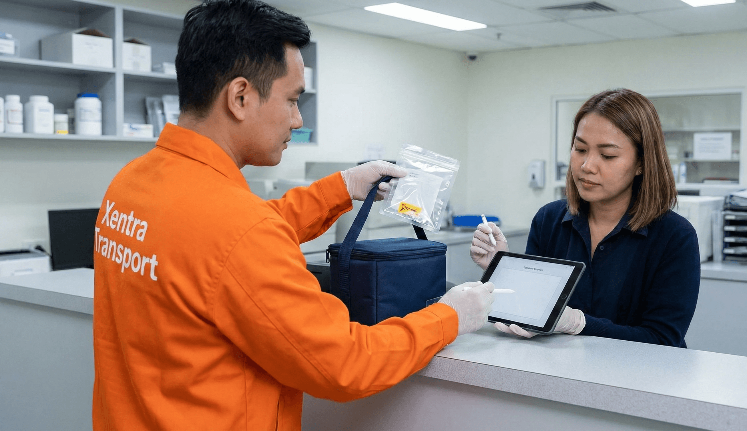 hands over a plain temperature-controlled cooler and sealed specimen pouch