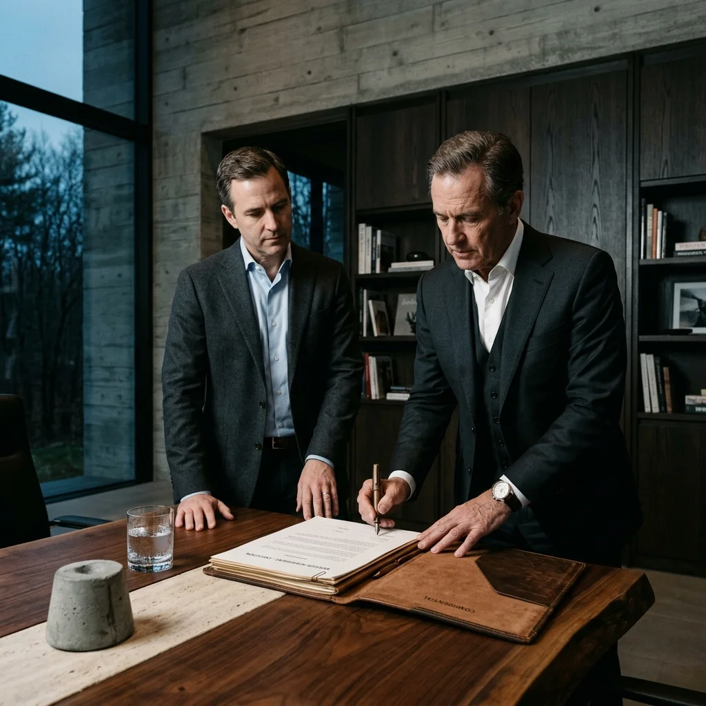 Two businessmen reviewing and signing documents on a wooden desk in a modern office setting.