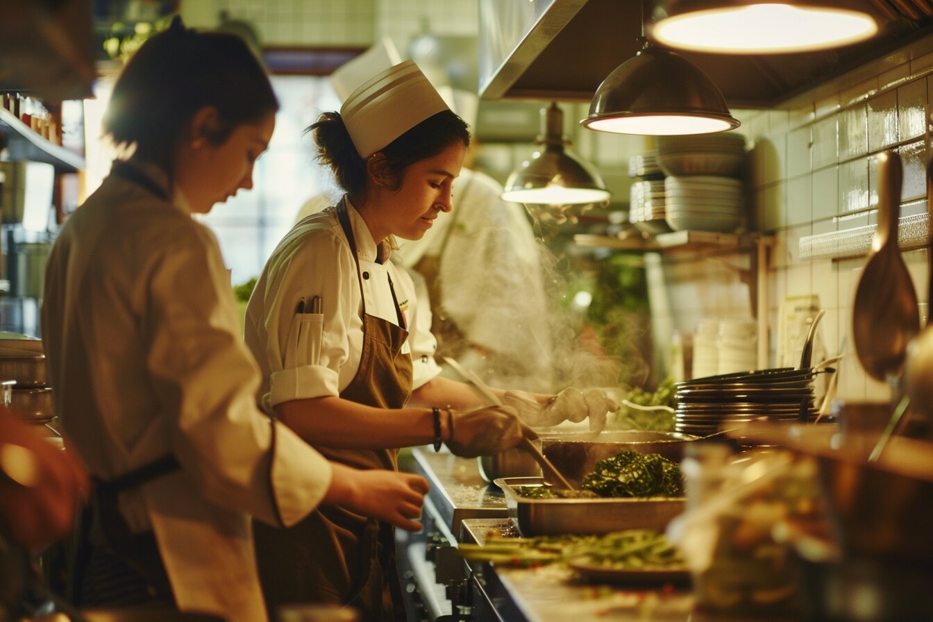 Chef Iliana Stone mentoring young chefs in a warm kitchen, guiding with passion and artistry.