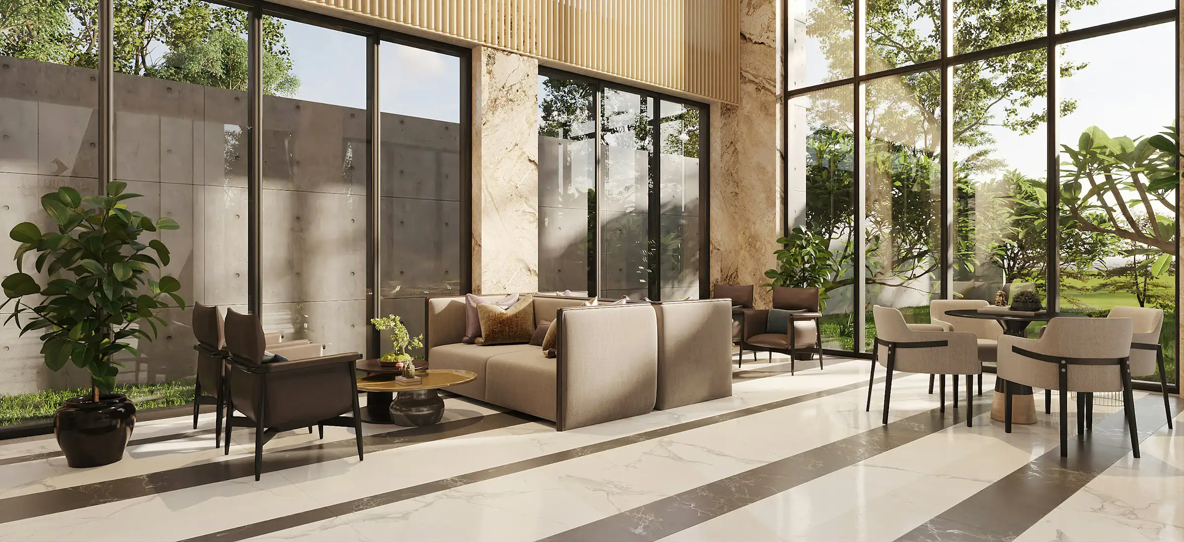 Spacious lounge with seating arrangement and decorative accents