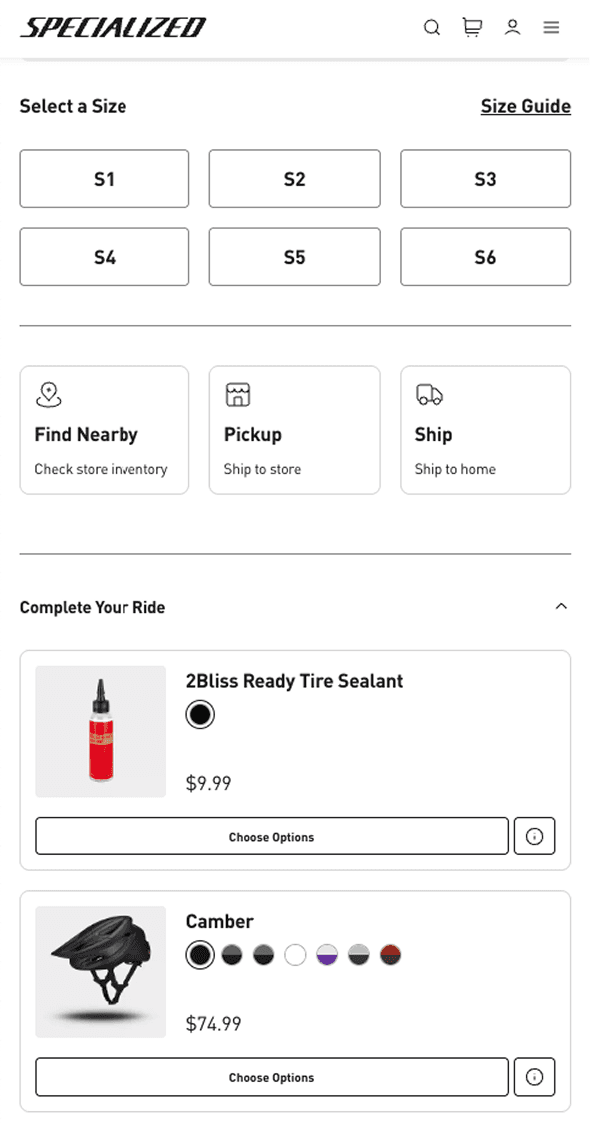 Mobile product configuration and specification options for Roval cycling components