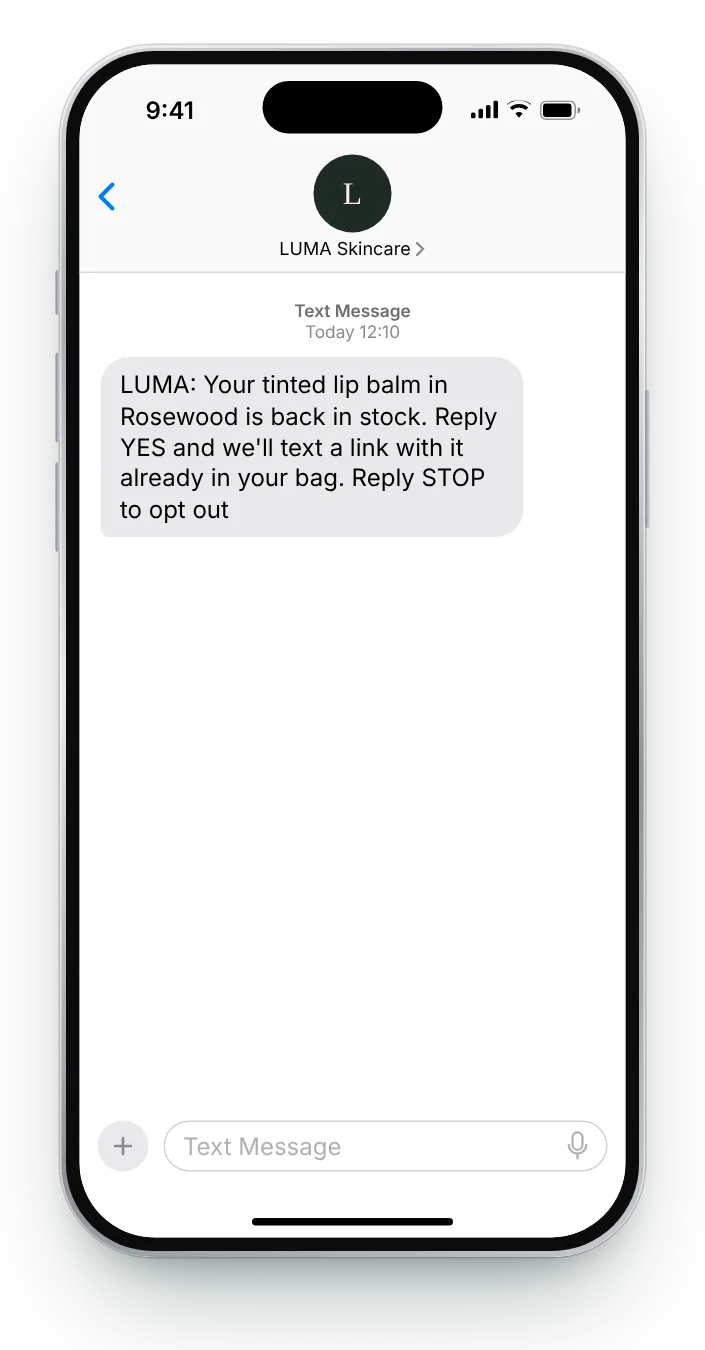 Reply YES for a ready-made bag back in stock text on an iPhone