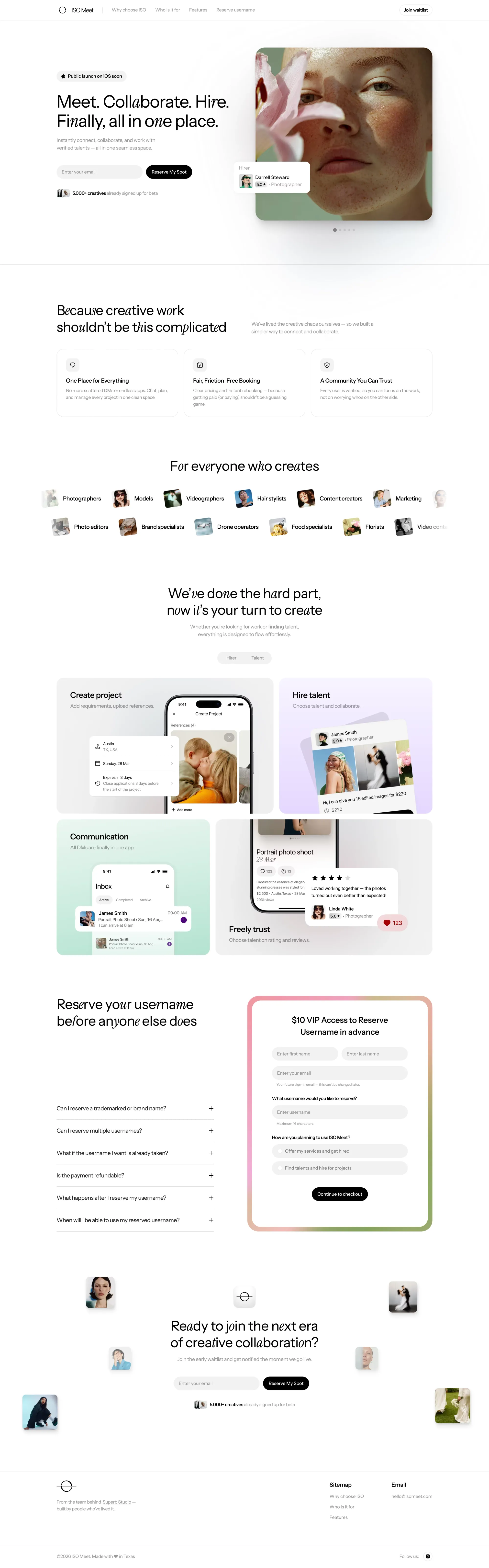 ISO Meet - Connect, Collaborate & Hire C landing page screenshot showcasing HR and Tech design