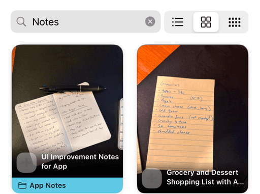 App view of library with search for 'notes' and notes item on screen in a large grid view view.