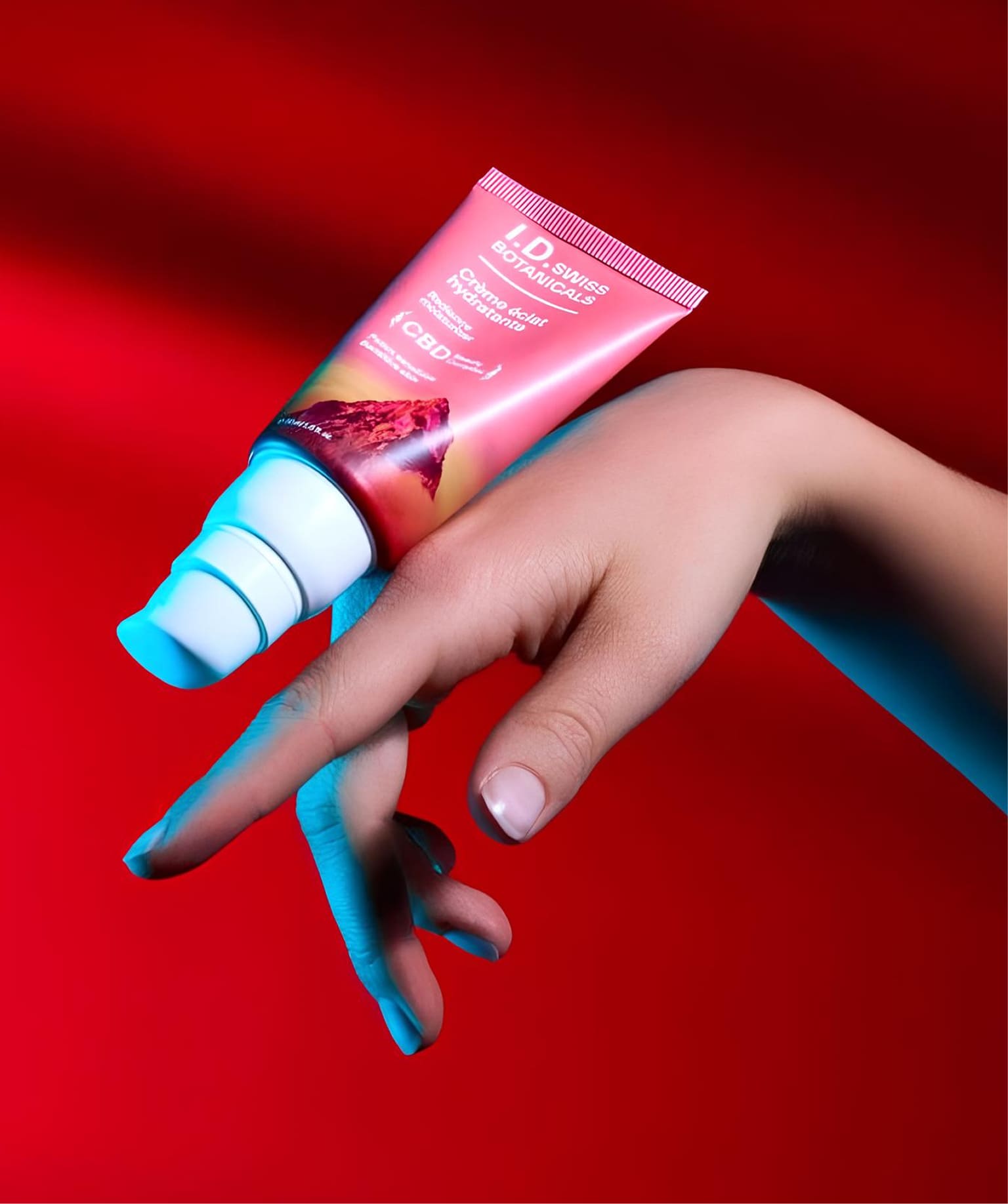 I.D. Swiss Botanicals skincare product on hand with bold colors highlighting premium packaging and campaign art direction