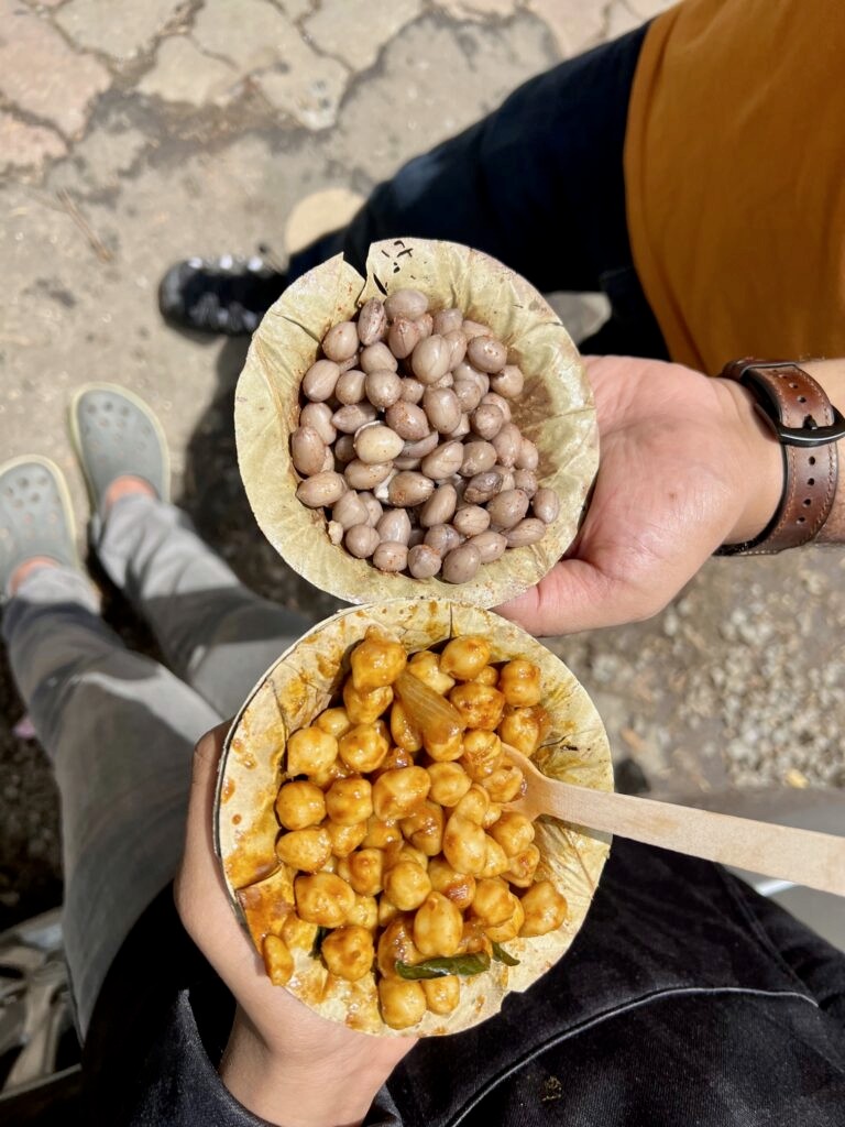 Boiled peanuts and masala chana served in eco-friendly disposable cups.